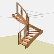 Farbige Darstellung einer halbgewendelten Holztreppe mit Pfosten und Geländer